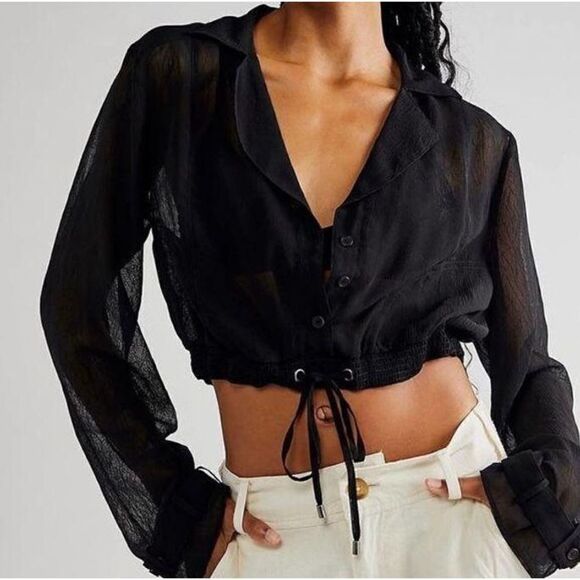 Free People NEW Michelle Long Sleeve Cropped Sheer Black Top size large